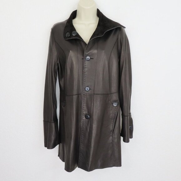 Calzaiuoli Womens 42 Italy Black Genuine Leather Reversible Button Jacket Coat - Picture 10 of 11